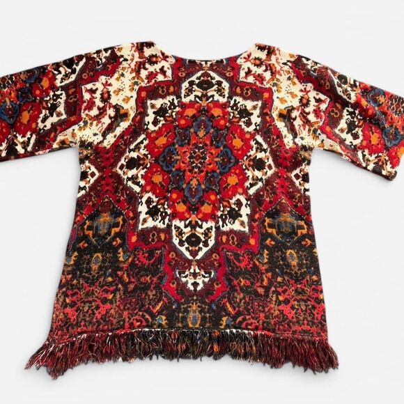 Burgundy and Red Tapestry Short Sleeve Knit Top with Bottom Hem Fringe - Picture 6 of 8